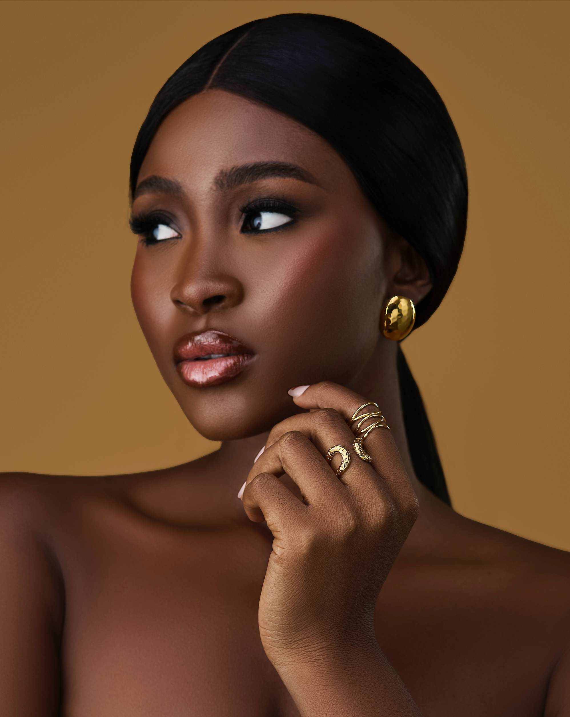 Model wearing Mariam Studs, Florence RIng, Yasmin Ring from House of Adin